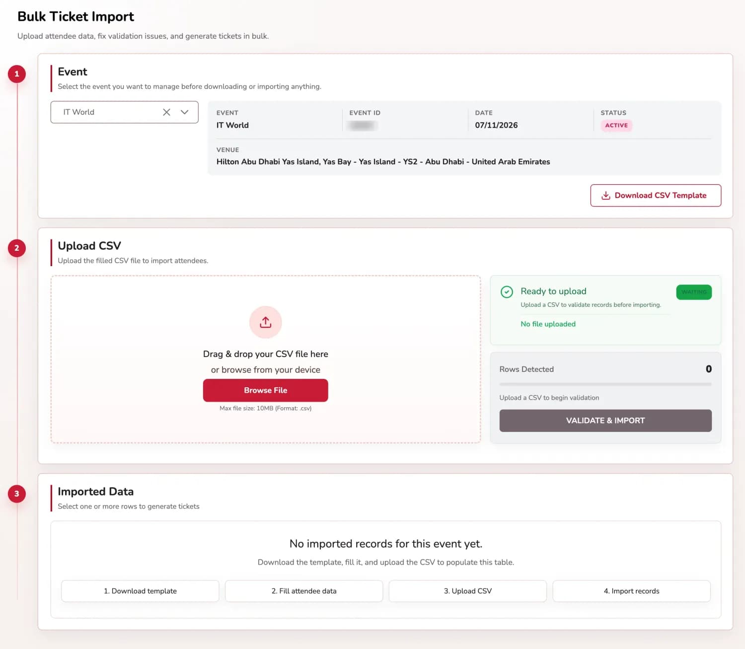 EasyGoHub bulk ticket import workflow with CSV validation