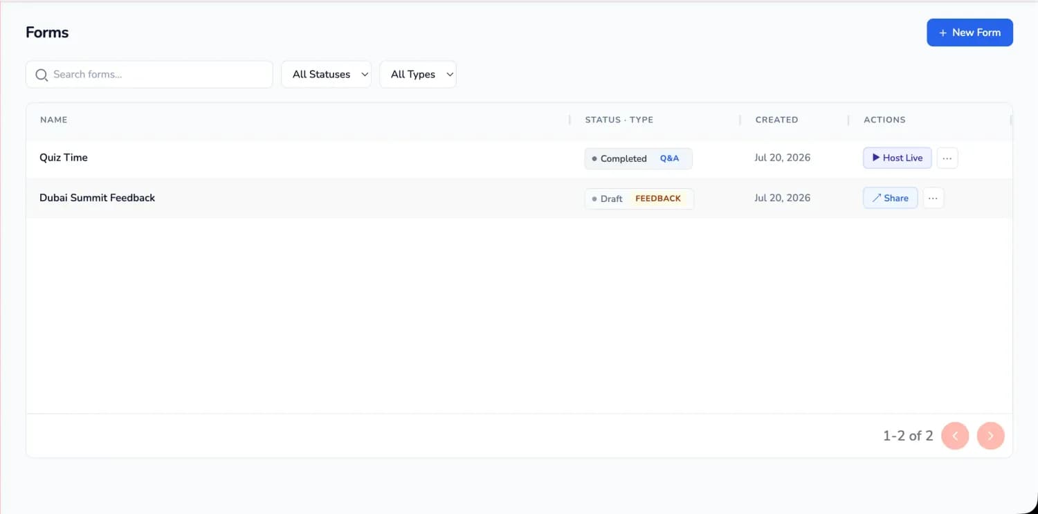 EasyGoHub forms area for gamification, live questions and event feedback