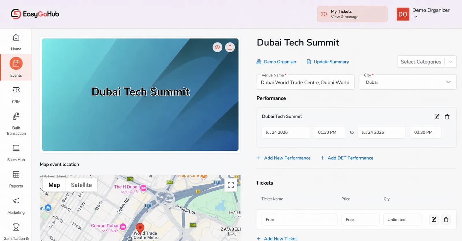 EasyGoHub cloud event management interface for configuring an event and its tickets