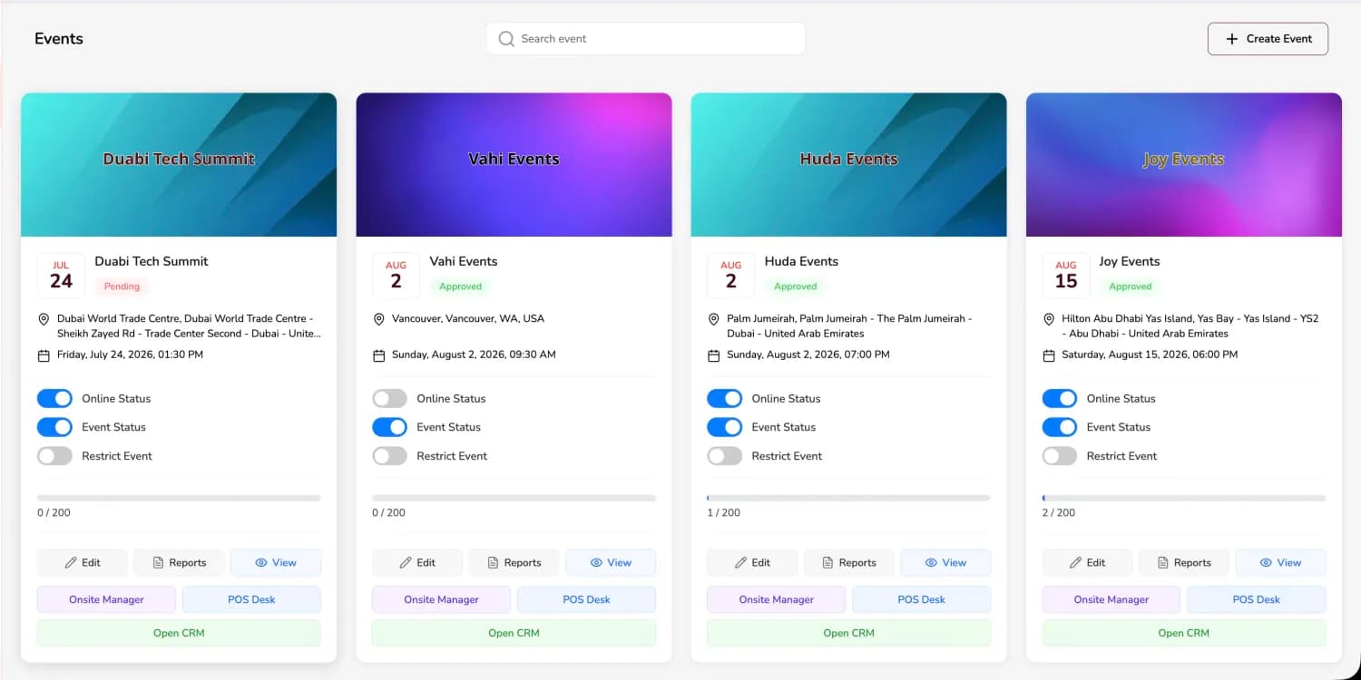 EasyGoHub organizer workspace showing managed events and event operations